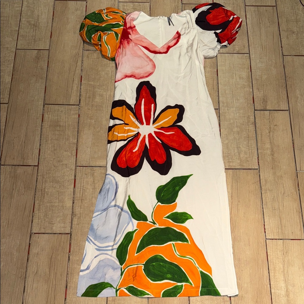 Anthropologie White Maxi Dress with Red, Orange and Green Floral Print medium